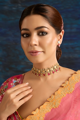 Gold Finish Kundan Polki & Red Stone Temple Choker Necklace by Aura Trends
