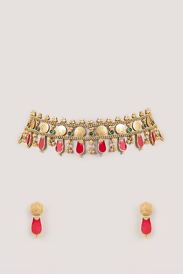 Gold Finish Kundan Polki & Red Stone Temple Choker Necklace by Aura Trends at Pernia's Pop Up Shop