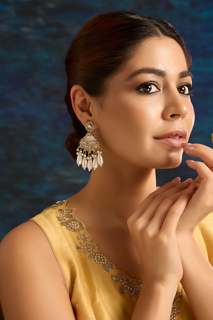 Gold Finish Pink Stone & Pearl Drop Dangler Earrings by Auraa Trends at Pernia's Pop Up Shop