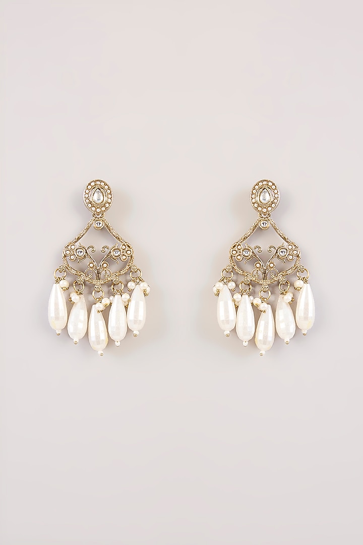 Gold Finish Pink Stone & Pearl Drop Dangler Earrings by Aura Trends at Pernia's Pop Up Shop