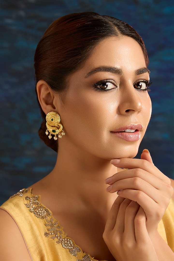 Gold Finish Shell Pearl Temple Dangler Earrings by Auraa Trends at Pernia's Pop Up Shop