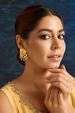 Gold Finish Shell Pearl Temple Dangler Earrings by Aura Trends