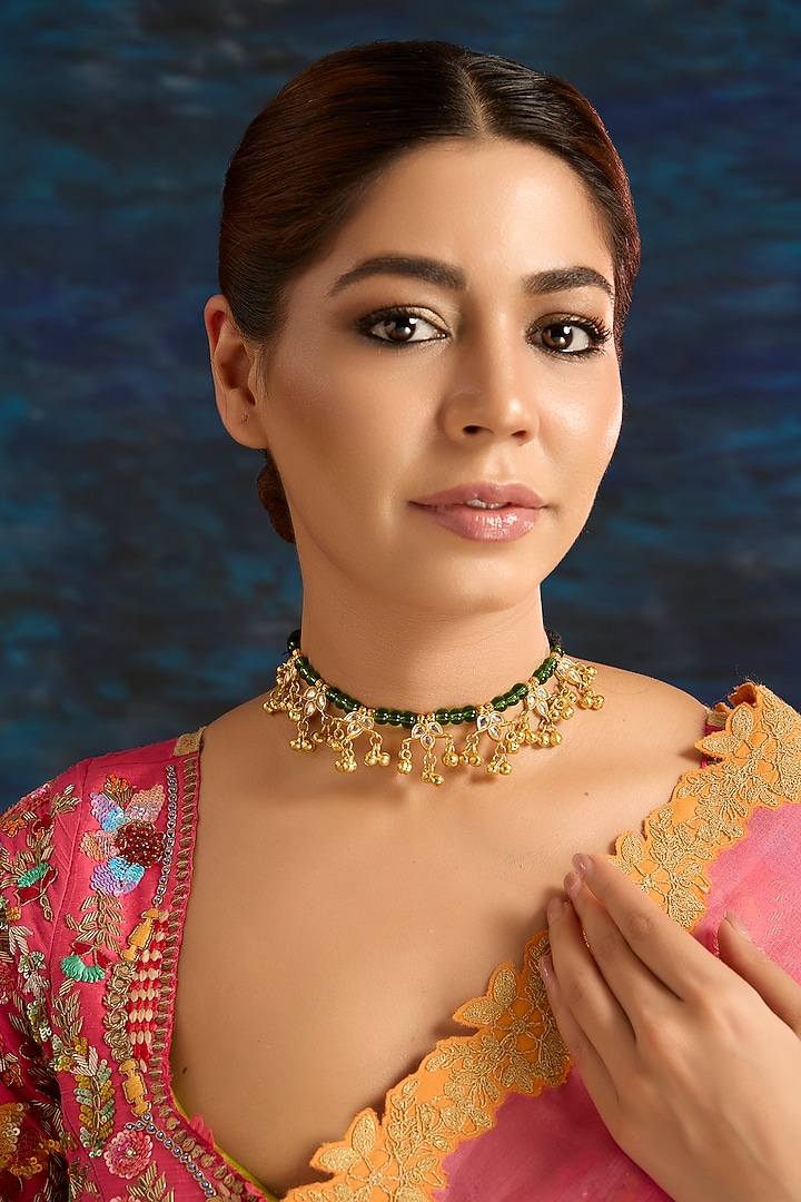 Gold Finish Green Stone & Pearl Choker Necklace by Auraa Trends at Pernia's Pop Up Shop