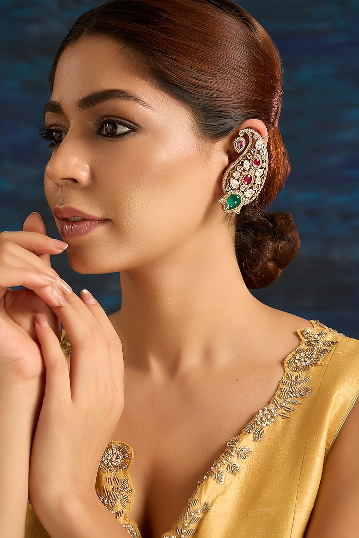 Gold Finish Green & Pink Kundan Polki Ear Cuff Earrings by Auraa Trends at Pernia's Pop Up Shop