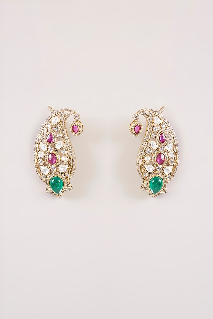 Gold Finish Green & Pink Kundan Polki Ear Cuff Earrings by Aura Trends at Pernia's Pop Up Shop