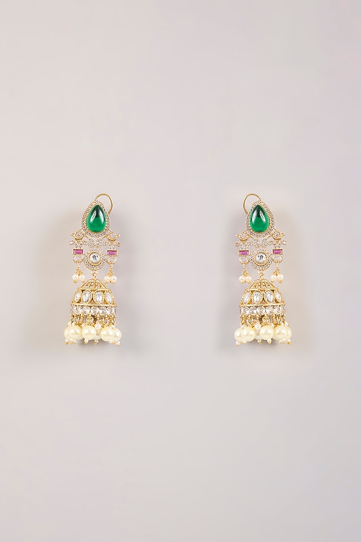 Gold Finish Green & Pink Kundan Polki Jhumka Earrings by Aura Trends at Pernia's Pop Up Shop