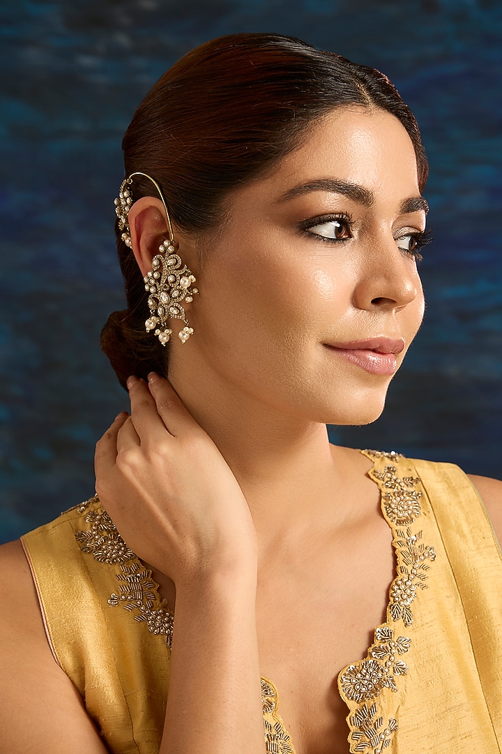 Gold Finish Kundan Polki & Pearl Drop Earcuff Jhumka Earrings by Auraa Trends at Pernia's Pop Up Shop