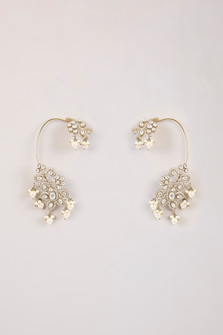 Gold Finish Kundan Polki & Pearl Drop Earcuff Jhumka Earrings by Aura Trends at Pernia's Pop Up Shop