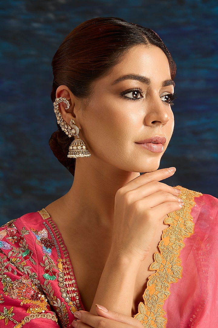 Gold Finish Green Kundan Polki Earcuff Jhumka Earrings by Auraa Trends at Pernia's Pop Up Shop