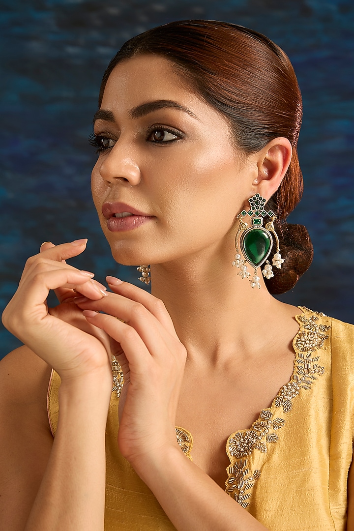 Gold Finish Green Kundan Polki & Pearl Drop Chandbali Earrings by Auraa Trends at Pernia's Pop Up Shop