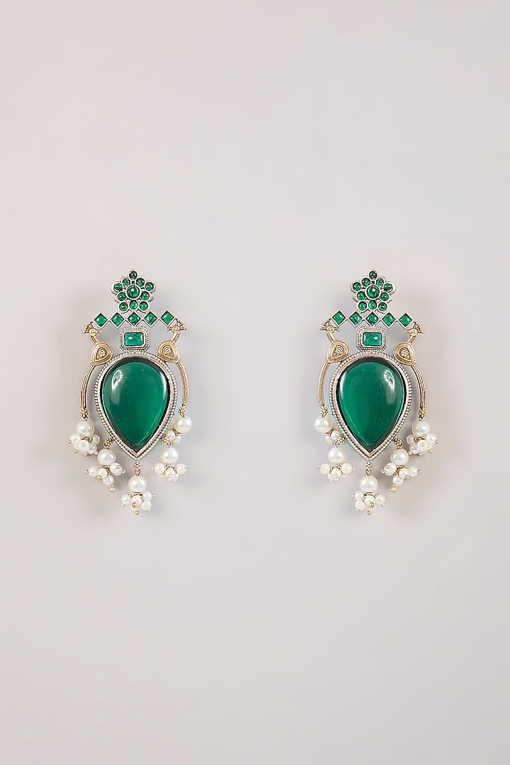 Gold Finish Green Kundan Polki & Pearl Drop Chandbali Earrings by Aura Trends at Pernia's Pop Up Shop