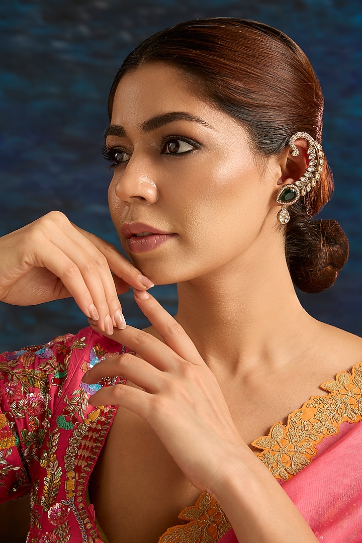 Gold Finish Green Kundan Polki Earcuffs by Auraa Trends at Pernia's Pop Up Shop