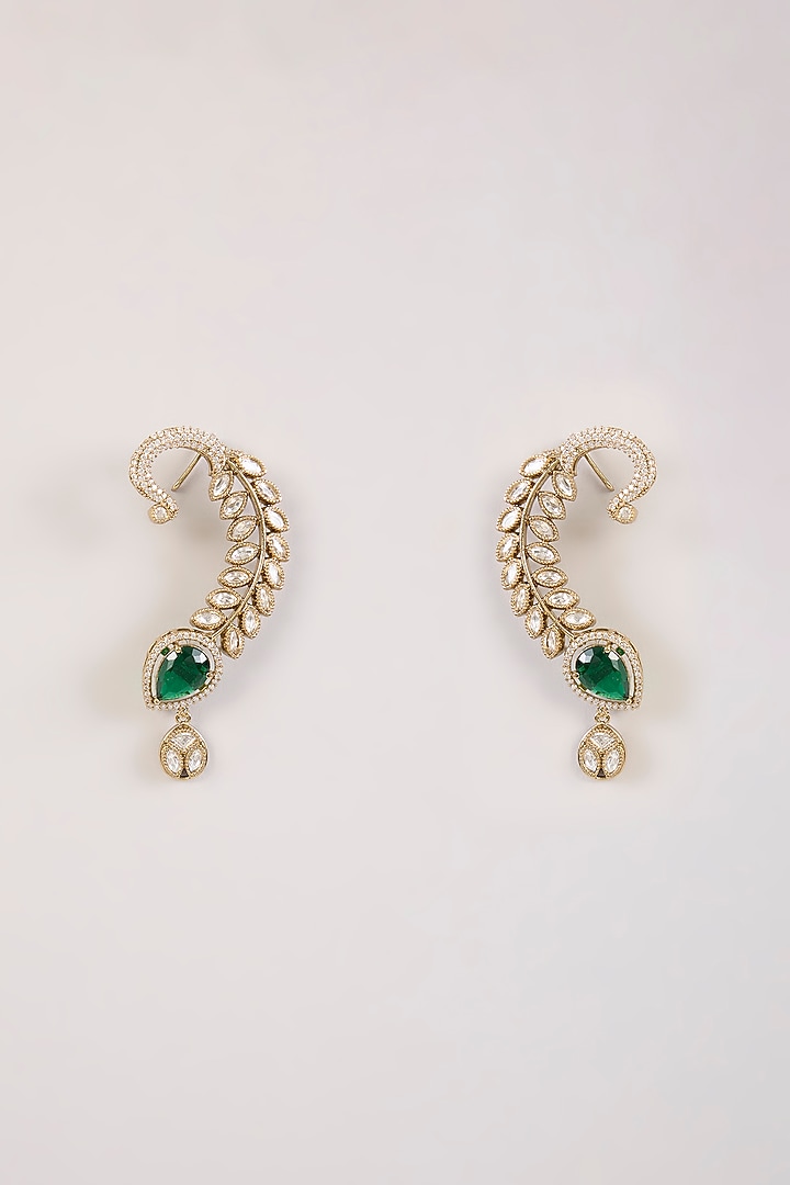 Gold Finish Green Kundan Polki Earcuffs by Aura Trends at Pernia's Pop Up Shop