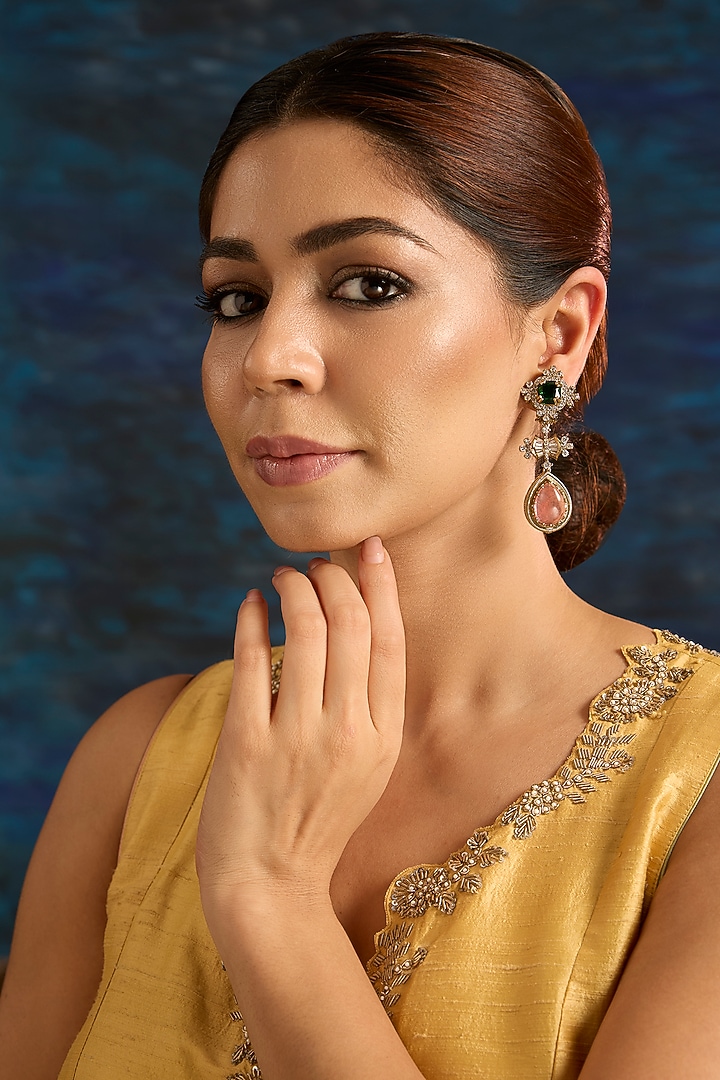 Rose Gold Finish Green & Pink Kundan Polki Dangler Earrings by Auraa Trends at Pernia's Pop Up Shop