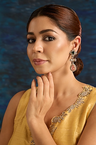 Rose Gold Finish Green & Pink Kundan Polki Dangler Earrings by Aura Trends