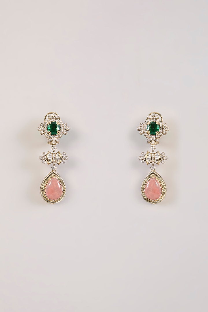 Rose Gold Finish Green & Pink Kundan Polki Dangler Earrings by Aura Trends at Pernia's Pop Up Shop