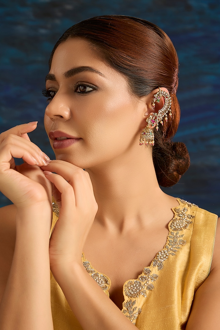 Rose Gold Finish Pearl Drop Earcuff Jhumka Earrings by Auraa Trends at Pernia's Pop Up Shop