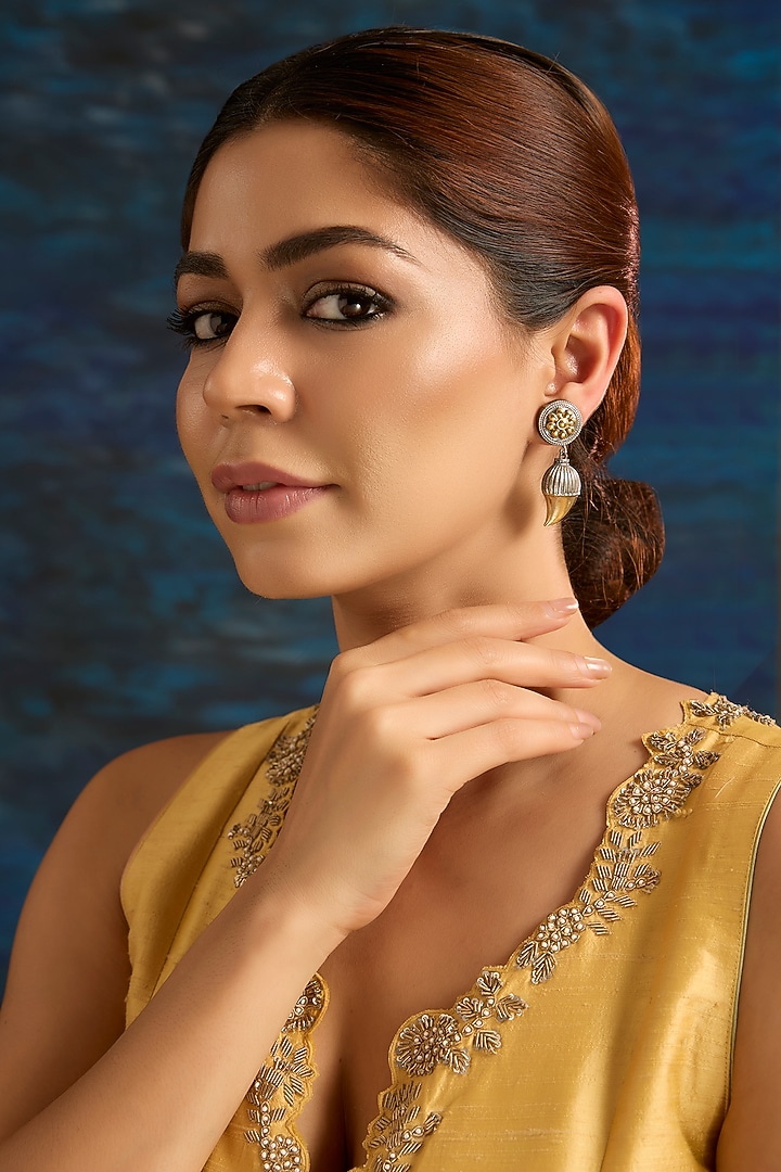 Gold Finish Pearl & Zircon Stud Earrings by Auraa Trends at Pernia's Pop Up Shop