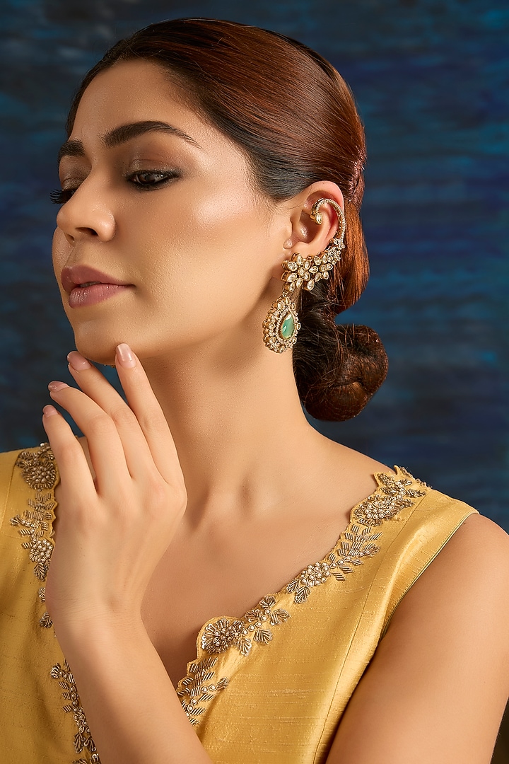 Gold Finish Pearl & Jade Green Kundan Polki Earcuff Jhumka Earrings by Auraa Trends at Pernia's Pop Up Shop