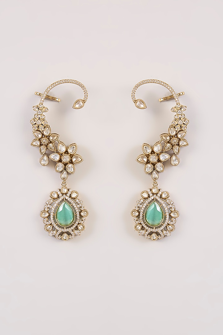 Gold Finish Pearl & Jade Green Kundan Polki Earcuff Jhumka Earrings by Aura Trends at Pernia's Pop Up Shop