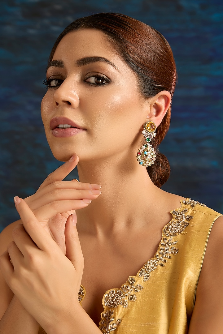 Gold Finish Multi-Colored Kundan Polki Dangler Earrings by Auraa Trends at Pernia's Pop Up Shop