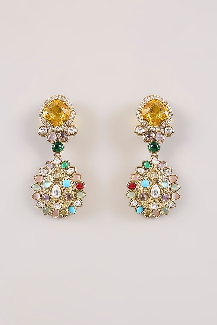Gold Finish Multi-Colored Kundan Polki Dangler Earrings by Aura Trends at Pernia's Pop Up Shop