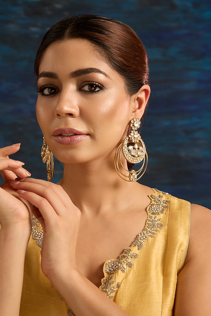 Gold Finish Pink Kundan Polki Chandbali Earrings by Auraa Trends at Pernia's Pop Up Shop