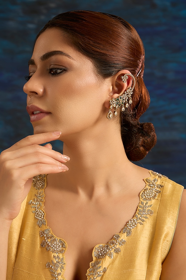 Gold Finish Kundan Polki & Pearl Drop Ear Cuff Earrings by Auraa Trends at Pernia's Pop Up Shop