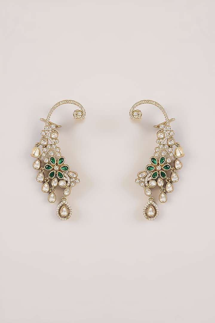 Gold Finish Kundan Polki & Pearl Drop Ear Cuff Earrings by Aura Trends at Pernia's Pop Up Shop