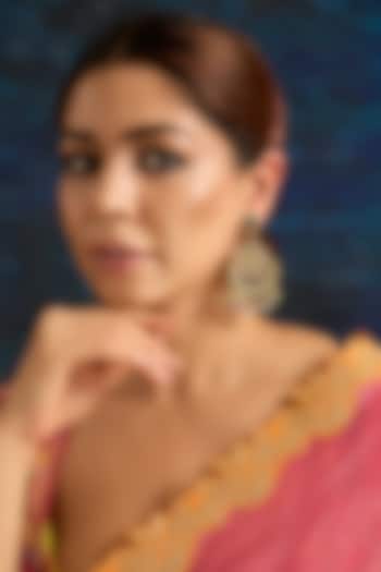 Gold Finish Green & Pink Kundan Polki Chandbali Earrings by Auraa Trends at Pernia's Pop Up Shop