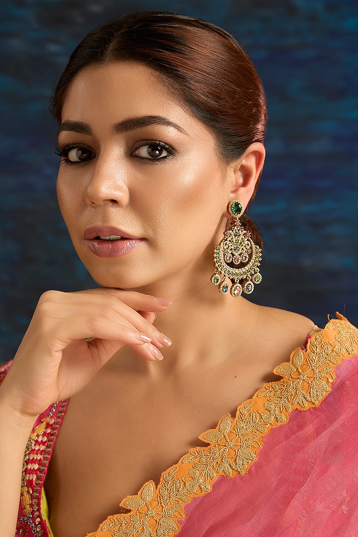 Gold Finish Green & Pink Kundan Polki Chandbali Earrings by Auraa Trends at Pernia's Pop Up Shop