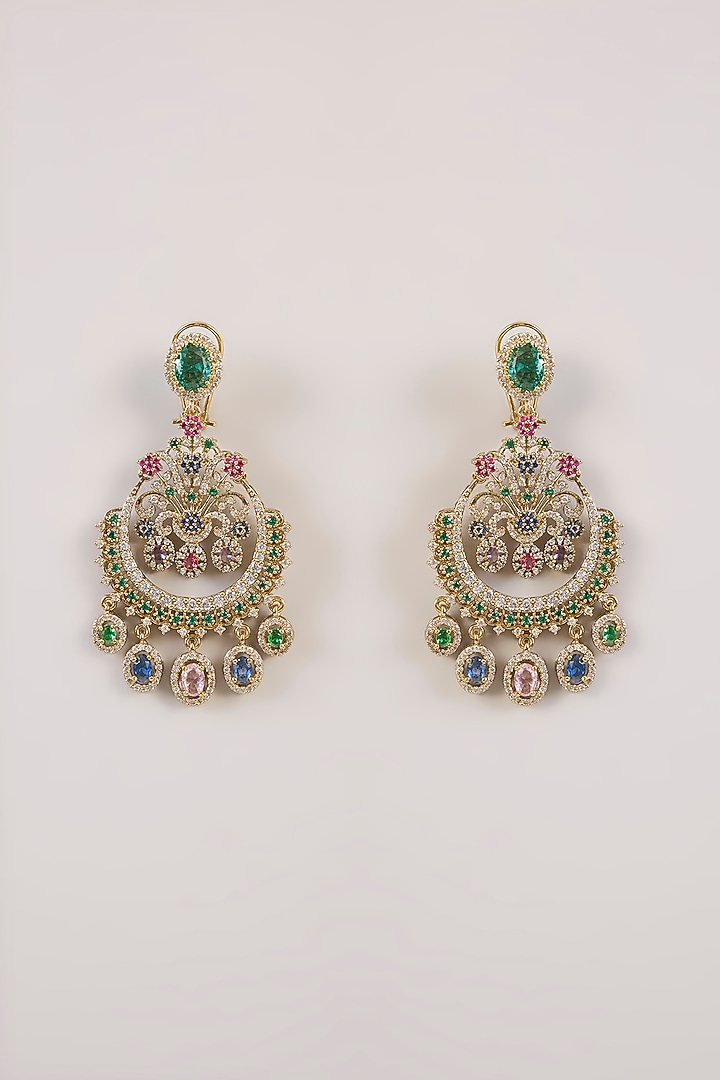 Gold Finish Green & Pink Kundan Polki Chandbali Earrings by Aura Trends at Pernia's Pop Up Shop