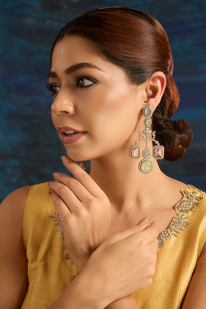 Gold Finish Rose Quartz & Pearl Dangler Earrings by Auraa Trends at Pernia's Pop Up Shop