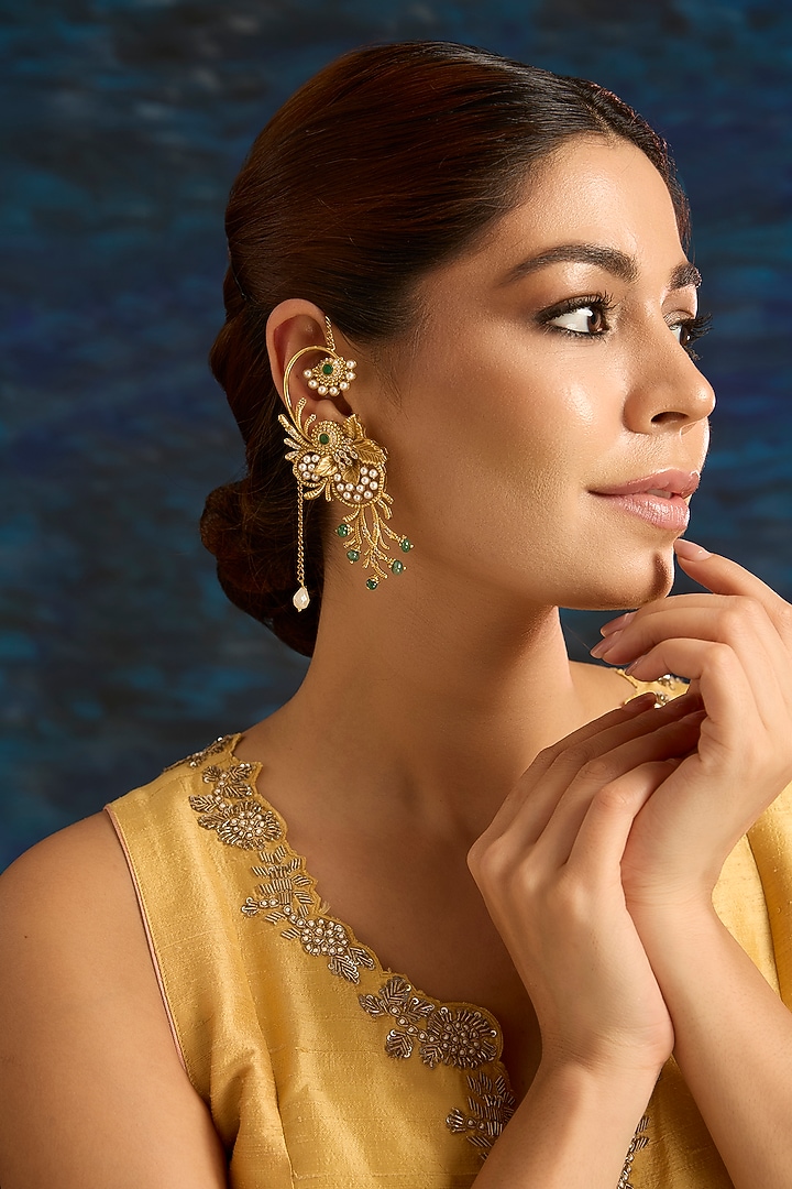 Gold Finish Green Kundan Polki & Pearl Drop Ear Cuff Earrings by Auraa Trends at Pernia's Pop Up Shop