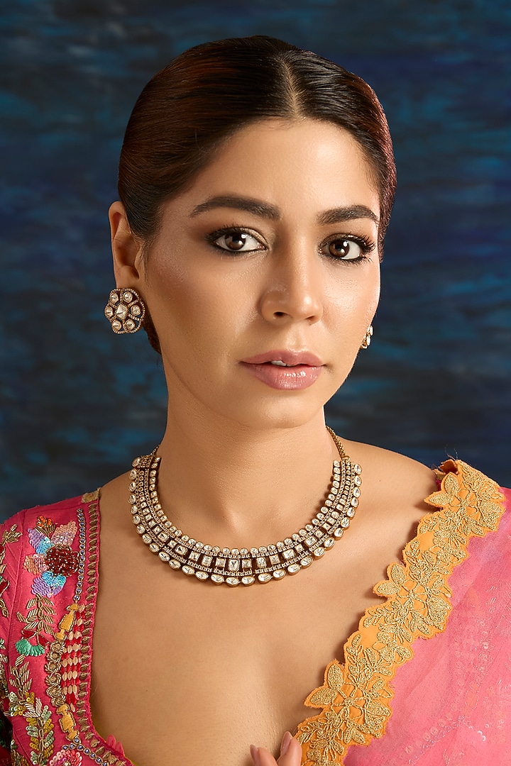 Gold Finish Cream Kundan Polki & Pearl Choker Necklace Set by Auraa Trends at Pernia's Pop Up Shop