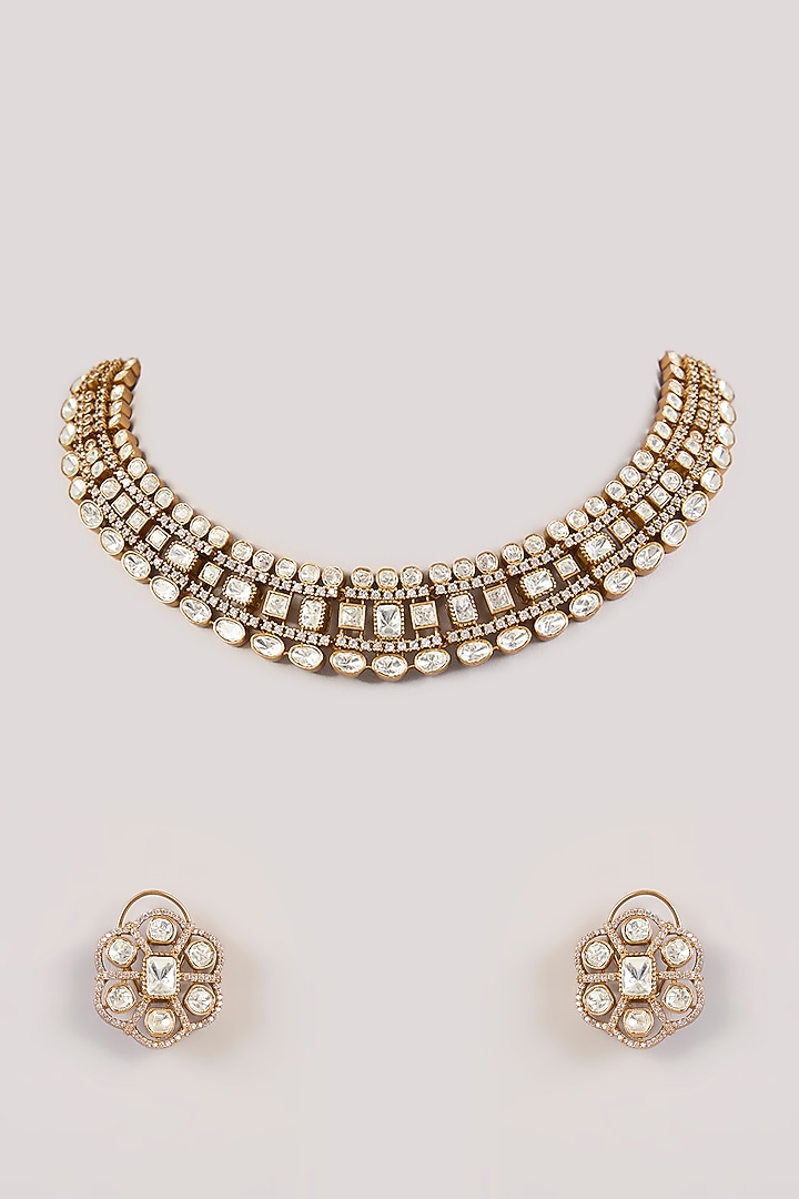 Gold Finish Cream Kundan Polki & Pearl Choker Necklace Set by Aura Trends at Pernia's Pop Up Shop