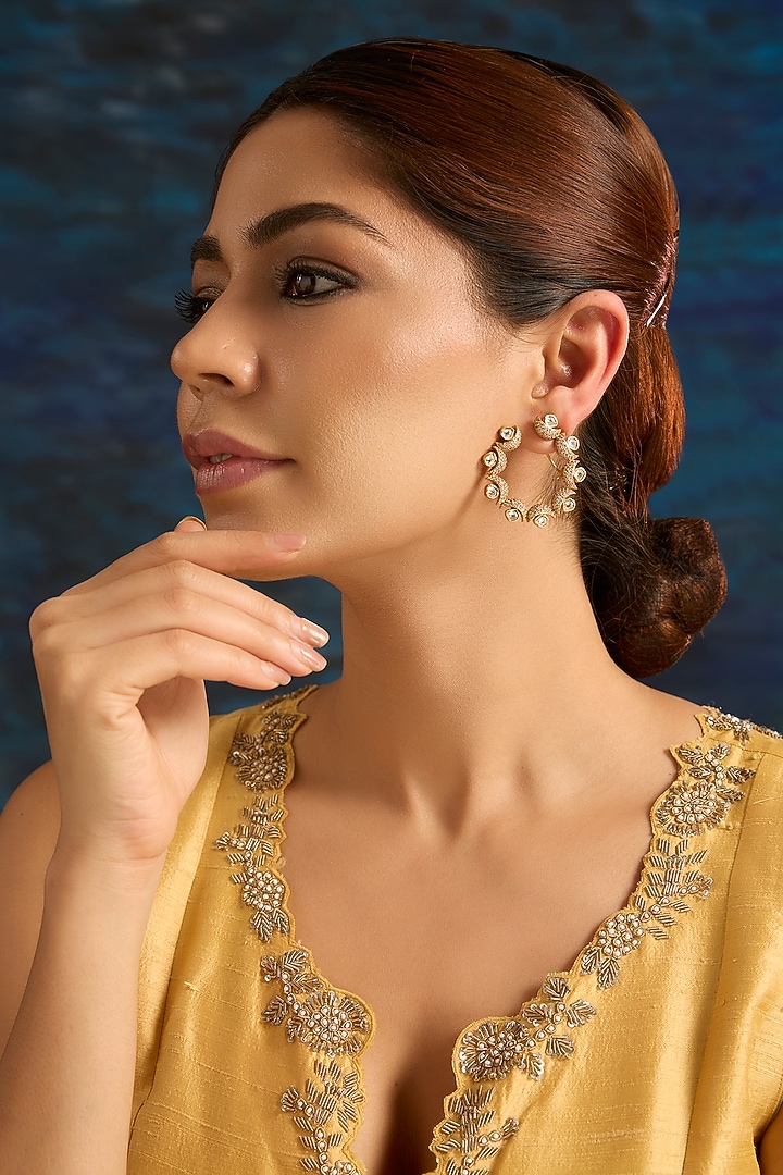 Gold Finish Kundan Polki & Pearl Dangler Earrings by Auraa Trends at Pernia's Pop Up Shop