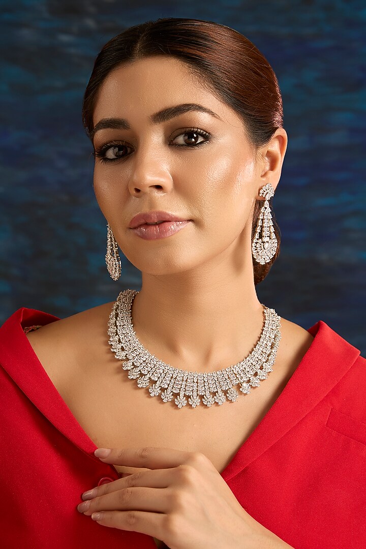 White Finish Zircon Necklace Set by Auraa Trends at Pernia's Pop Up Shop