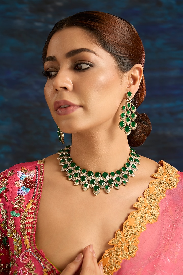 Gold Finish Emerald Synthetic Stone Necklace Set by Auraa Trends at Pernia's Pop Up Shop