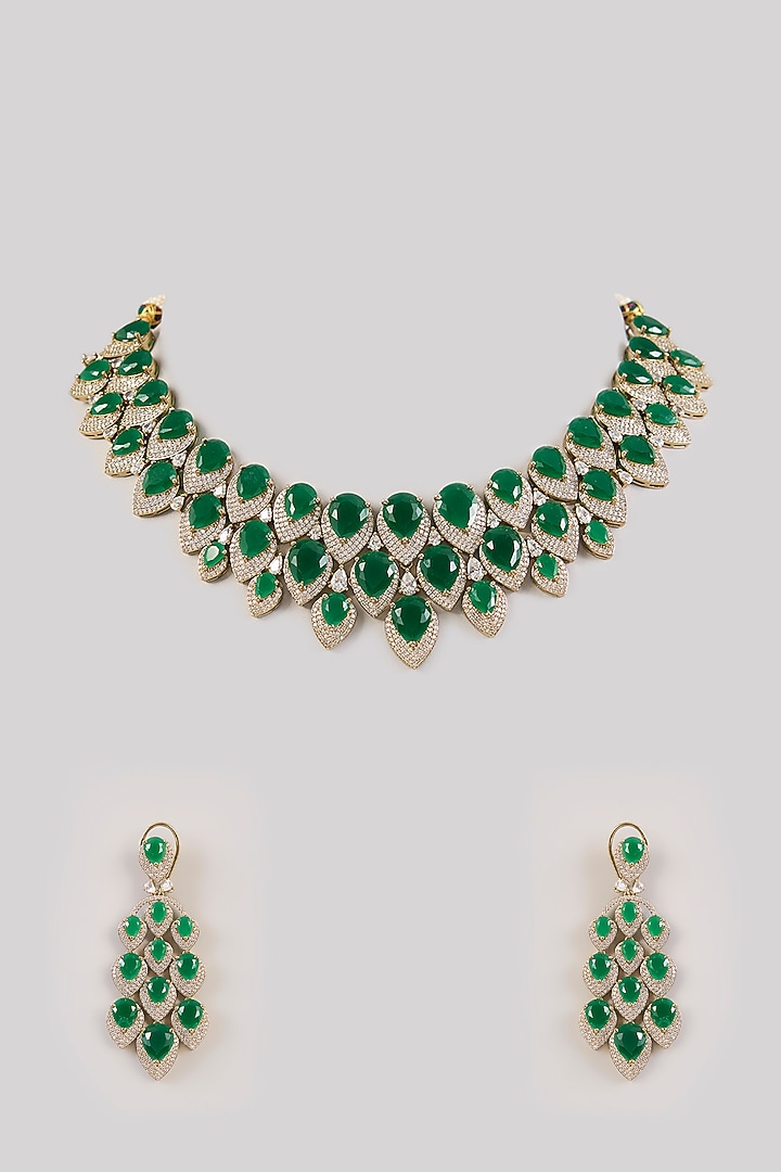 Gold Finish Emerald Synthetic Stone Necklace Set by Aura Trends at Pernia's Pop Up Shop