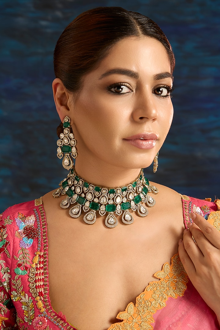 Gold Finish Green Kundan Polki Choker Necklace Set by Auraa Trends at Pernia's Pop Up Shop
