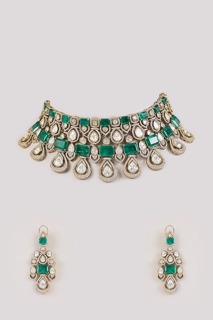 Gold Finish Green Kundan Polki Choker Necklace Set by Aura Trends at Pernia's Pop Up Shop