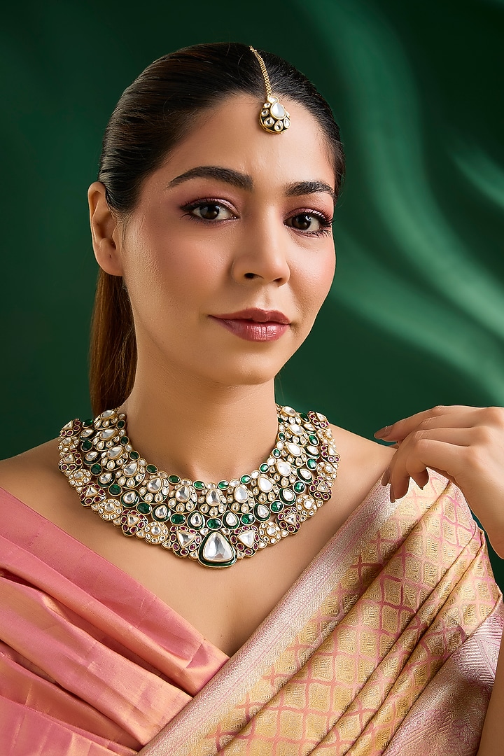 Gold Finish Multi-Colored Kundan Polki Necklace With Maangtikka by Auraa Trends at Pernia's Pop Up Shop