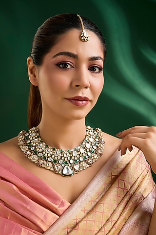 Gold Finish Multi-Colored Kundan Polki Necklace With Maangtikka by Aura Trends