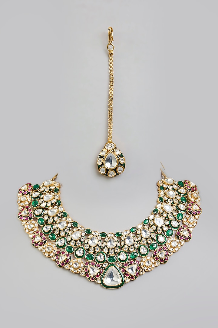 Gold Finish Multi-Colored Kundan Polki Necklace With Maangtikka by Aura Trends at Pernia's Pop Up Shop