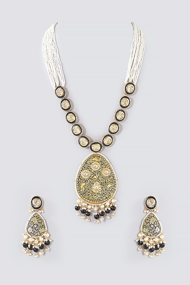 Gold Finish Brown & Black Kundan Polki Long Necklace Set by Aura Trends at Pernia's Pop Up Shop