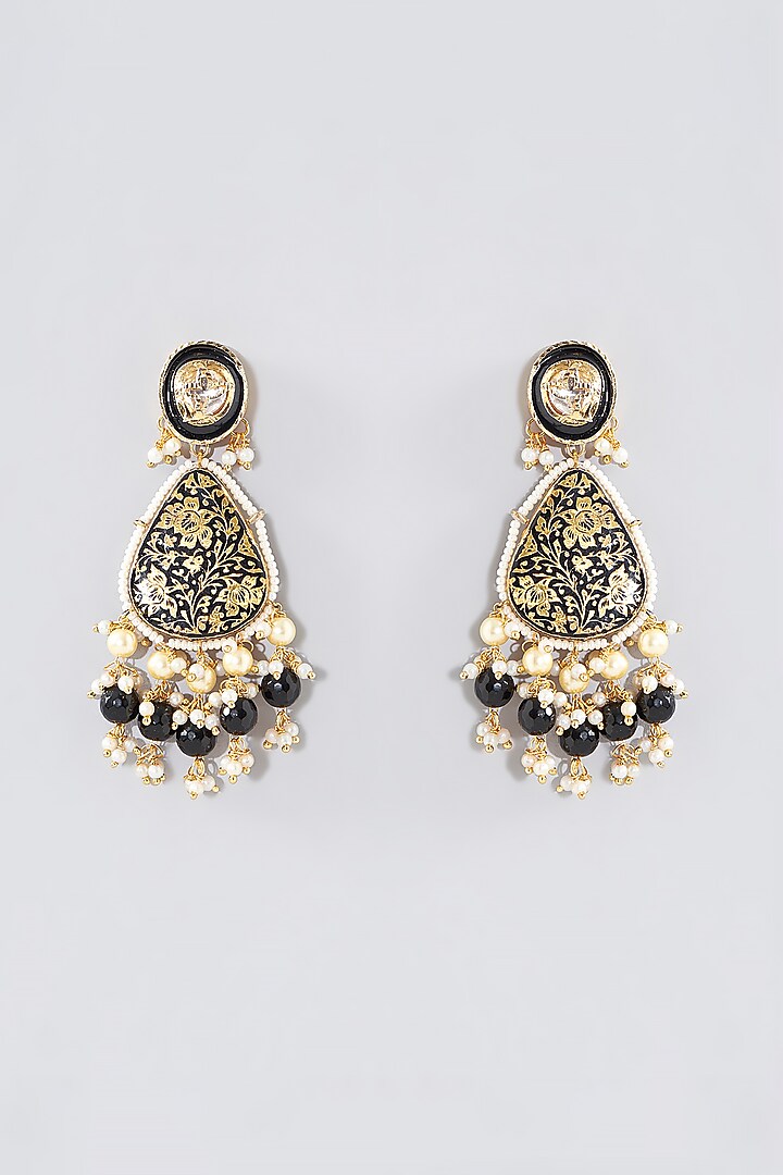 Gold Finish Brown & Black Kundan Polki Long Necklace Set by Aura Trends at Pernia's Pop Up Shop