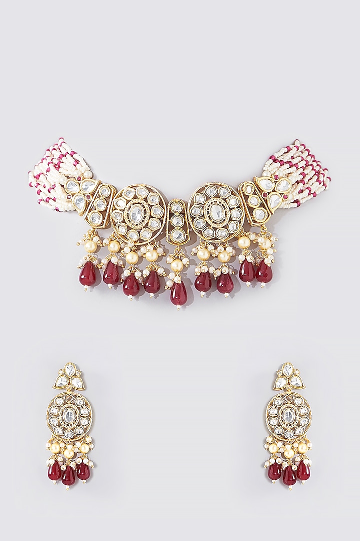 Gold Finish Red Kundan Polki Choker Necklace Set by Auraa Trends