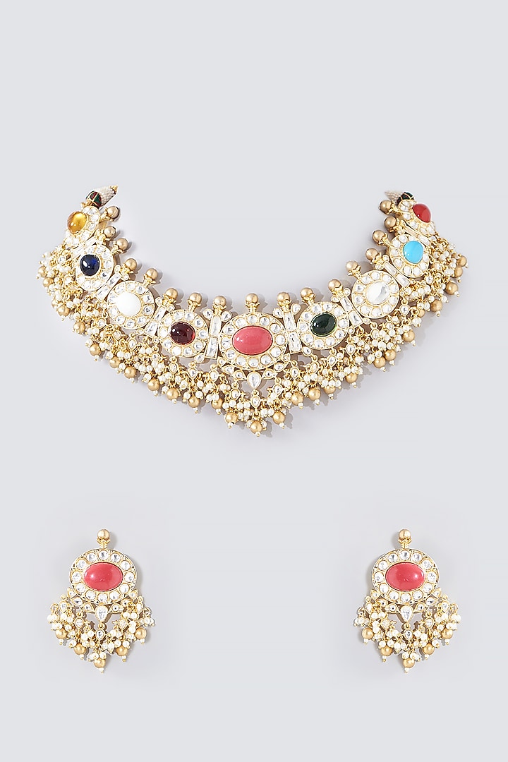 Gold Finish Kundan Polki & Navratna Stone Necklace Set by Aura Trends at Pernia's Pop Up Shop