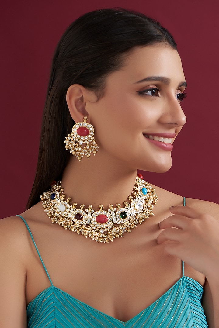 Gold Finish Kundan Polki & Navratna Stone Necklace Set by Aura Trends at Pernia's Pop Up Shop
